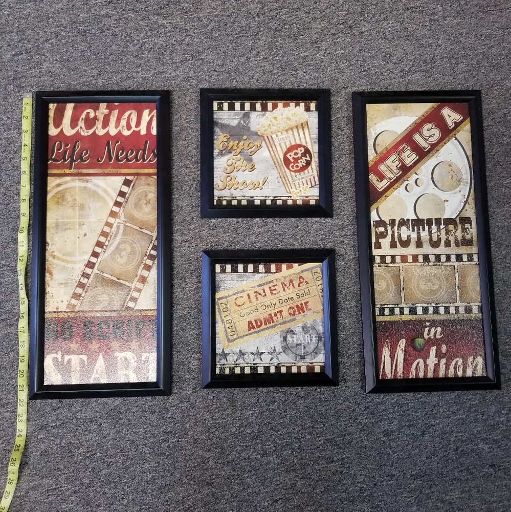 4 pc Theatre Cinema Black and Red Wall Decor